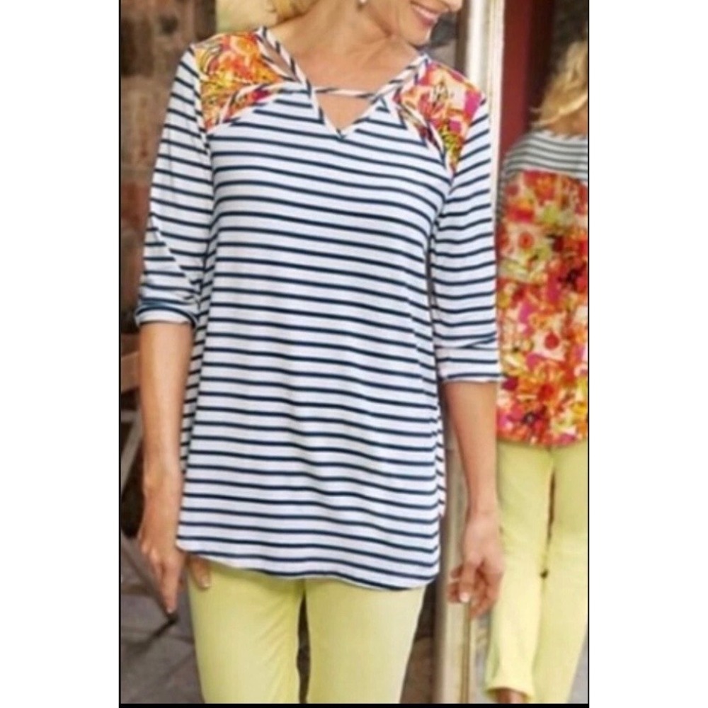 Soft Surroundings Striped Floral Mixed Media Top 1X Navy White 3/4 Sleeve